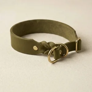 Pull stop collar made of greased leather 'Olive'