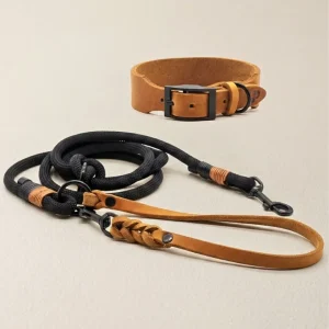 Set | Leather collar & rope leash 'Baya'
